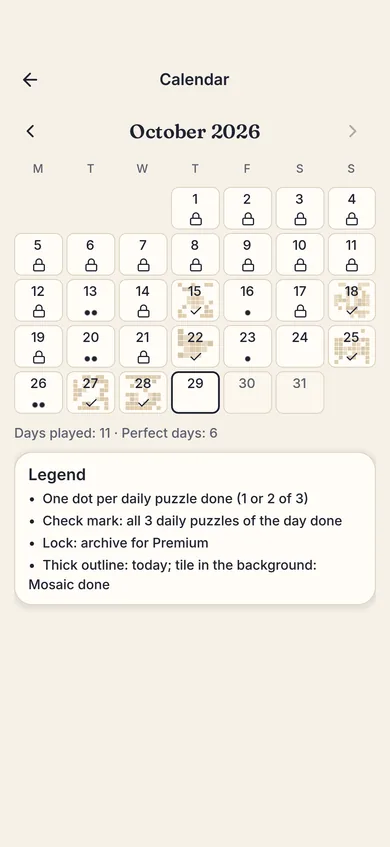 the calendar of days played