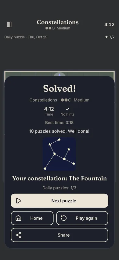 a solved sky and its name, in dark theme