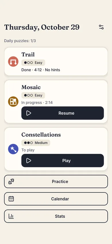 the home screen and the three daily puzzles